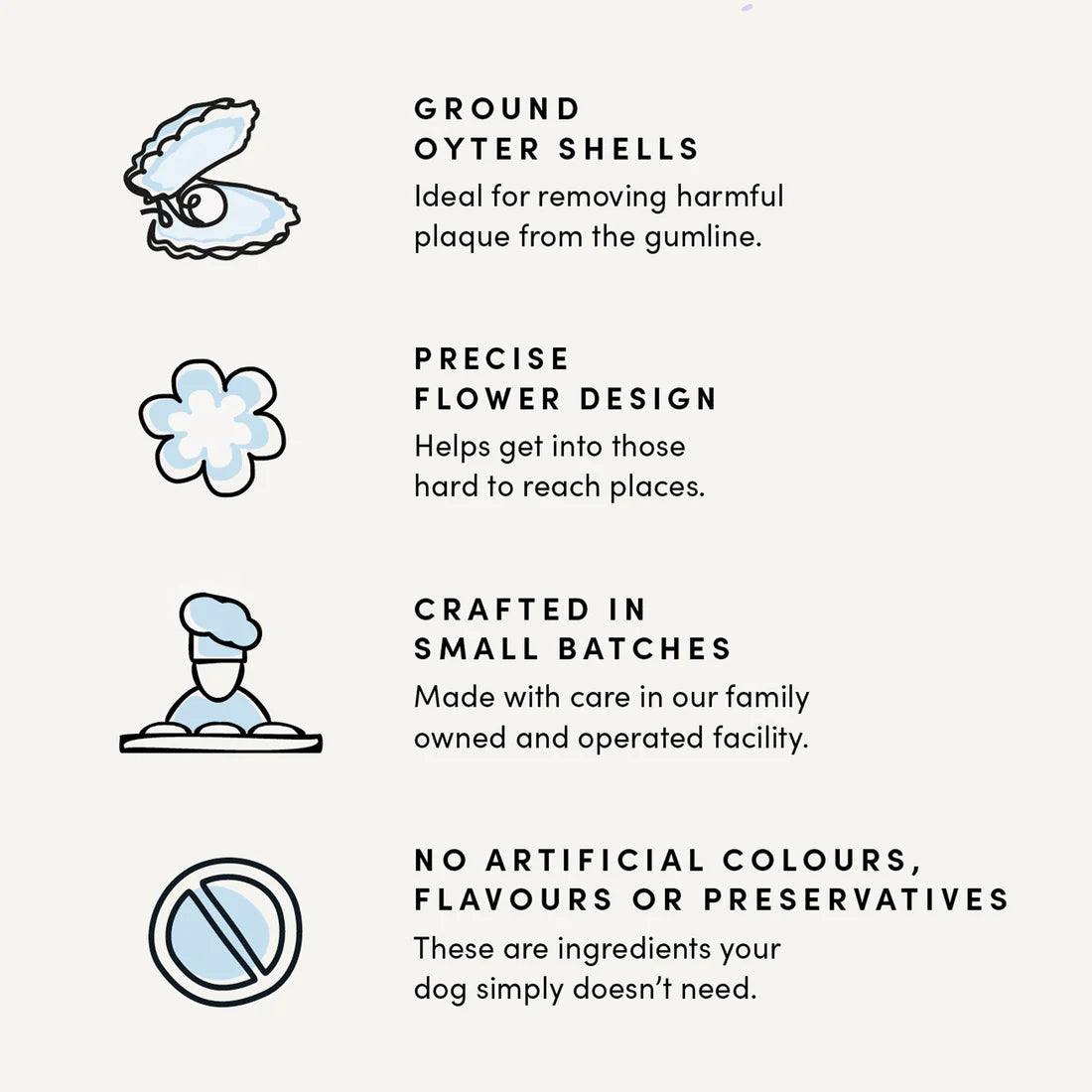 A visual emphasizing that these dental sticks are crafted in small batches, by a family-owned, female-led company using 100% traceable ingredients