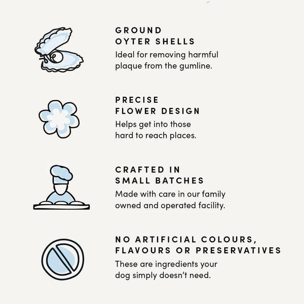 A visual emphasizing that these dental sticks are crafted in small batches, by a family-owned, female-led company using 100% traceable ingredients