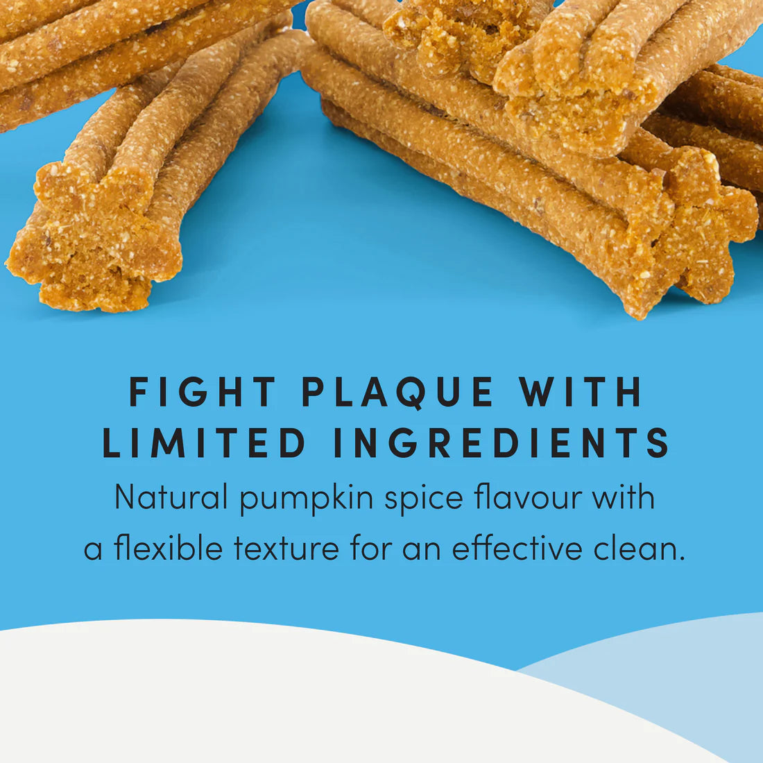 A visual showcasing the plaque removal, tartar control, gum health, and fresh breath benefits of these dental chews.