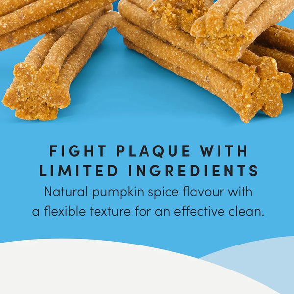 A visual showcasing the plaque removal, tartar control, gum health, and fresh breath benefits of these dental chews.