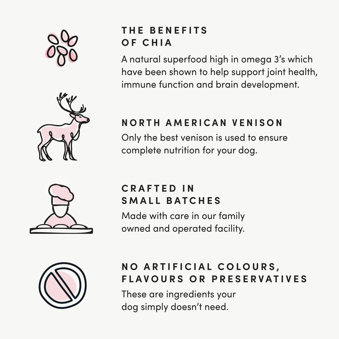 Image highlighting the benefits of the treat including the different ingredients and small batches.