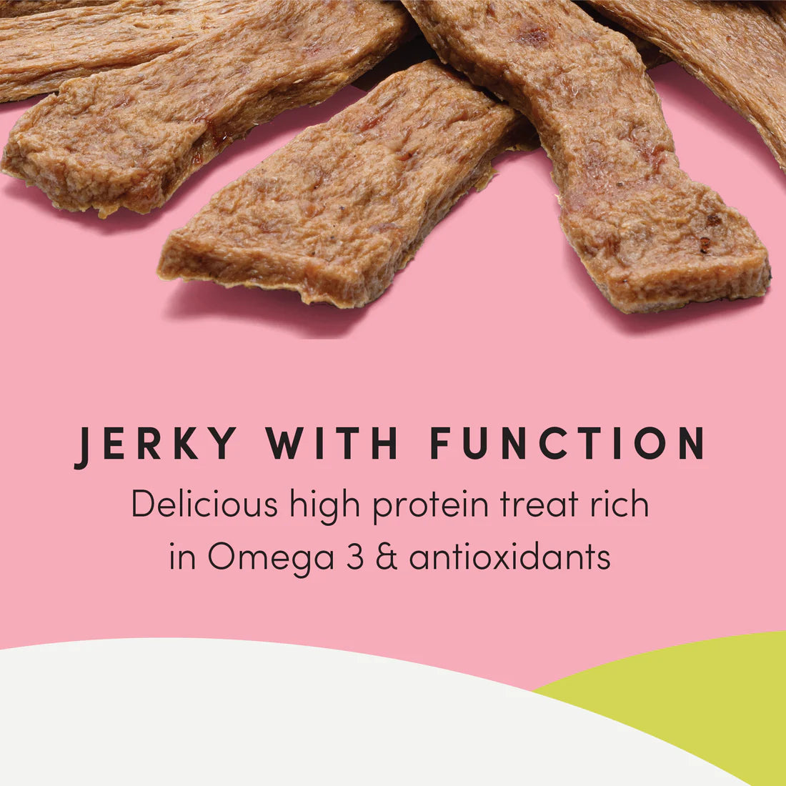 An image illustrating the benefits of these venison jerky treats, including muscle support, coat health, digestion aid, and hypoallergenic properties.