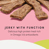 An image illustrating the benefits of these venison jerky treats, including muscle support, coat health, digestion aid, and hypoallergenic properties.
