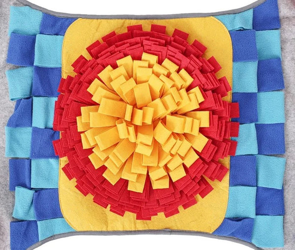 Close-up of the Pawz N Dogz Challenger Bone Snuffle Mat featuring hidden treats within fleece rolls and puzzle pockets to promote slow feeding and mental stimulation.