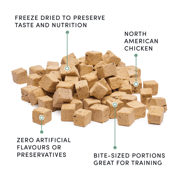 A zoomed-in image of Crumps' Chicken Bites, showing crunchy, bite-sized pieces that are perfect for training and healthy snacking.