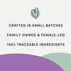 A visual highlighting that these treats are crafted in small batches by a family-owned, female-led company using 100% traceable ingredients.