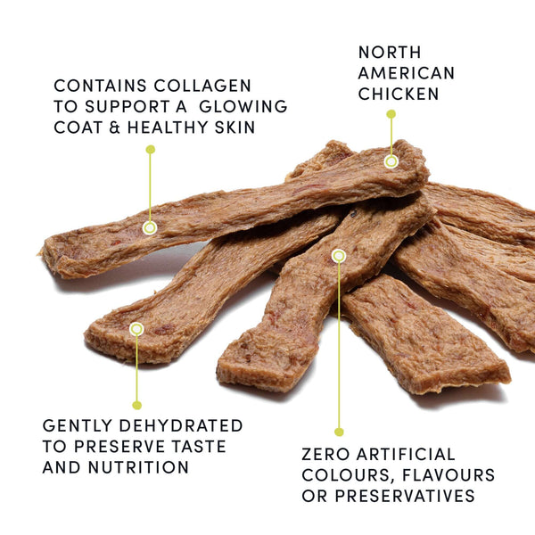 A zoomed-in image of Crumps - Chicken Collagen Jerky, showing the natural, high-protein, collagen-infused texture that dogs love.