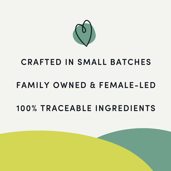 A visual emphasizing that these treats are crafted in small batches, family-owned, female-led, and made with 100% traceable ingredients.