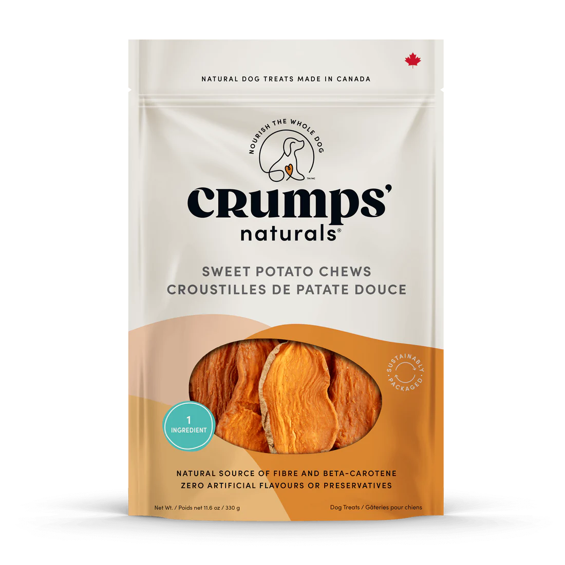 Front view of Crumps' Sweet Potato Dog Treats bag, highlighting the all-natural, single-ingredient treat.