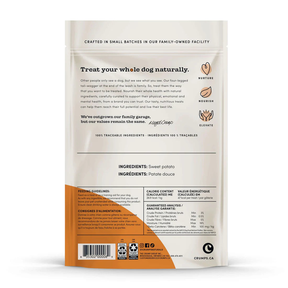 Back view of Crumps' Sweet Potato Dog Treats bag displaying the ingredient list and nutritional information.