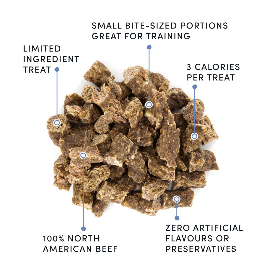 Close-up of Crumps Mini Trainers Dog Treats - Beef showing bite-sized treats.