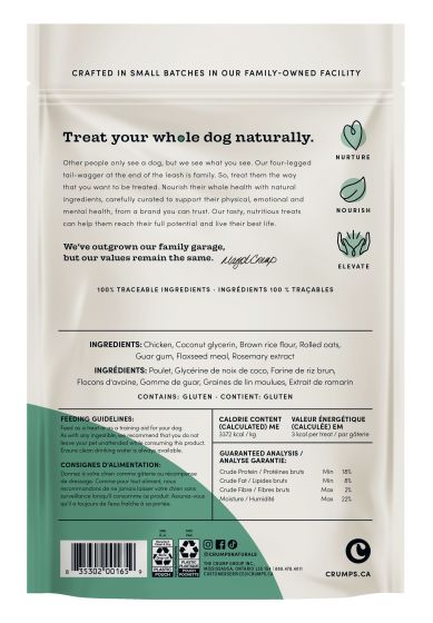 Back view of Crumps Mini Trainers Dog Treats - Chicken with ingredient and nutritional details.
