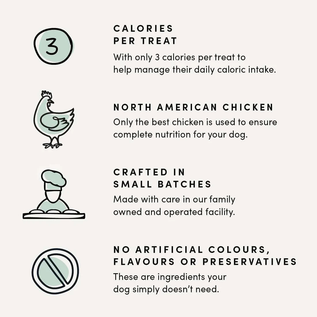 Crumps Mini Trainers Chicken treats highlighting low-calorie and high-protein benefits. Crafted in small batches with no artificial colours, flavours or preservatives