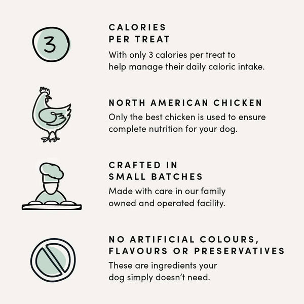 Crumps Mini Trainers Chicken treats highlighting low-calorie and high-protein benefits. Crafted in small batches with no artificial colours, flavours or preservatives