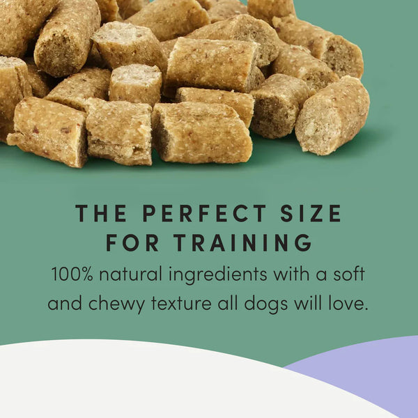 Close-up of Crumps Mini Trainers Chicken treats, ideal for motivating dogs in training. With the perfect size for training and 100% natural ingredients these soft and chewy dog treats are for all dogs!