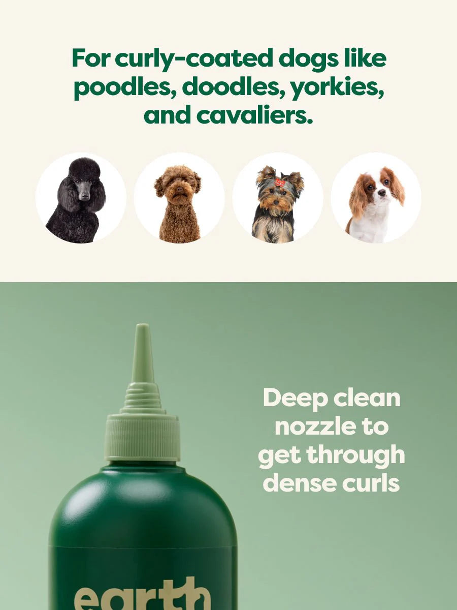 Earth Rated 3 in 1 Shampoo for Curly coated dogs like poodles, doodles, yorkies and cavalier dogs. It's deep clean nozzle get through dense curls.