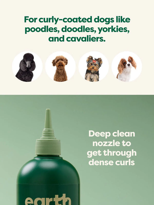 Earth Rated 3 in 1 Shampoo for Curly coated dogs like poodles, doodles, yorkies and cavalier dogs. It's deep clean nozzle get through dense curls.