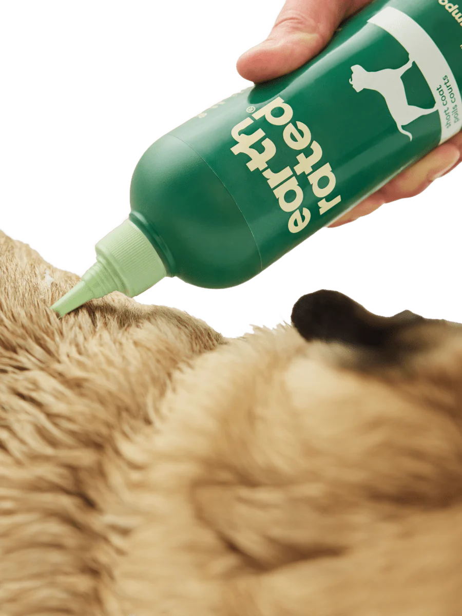 An image showing Earth Rated Short Coat 3-in-1 Dog Shampoo being applied to a short-coated dog, highlighting the deep clean nozzle for even application.