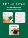 An image of Earth Rated Short Coat 3-in-1 Dog Shampoo with text overlay or icons highlighting key benefits such as cleansing, conditioning, and deodorizing.