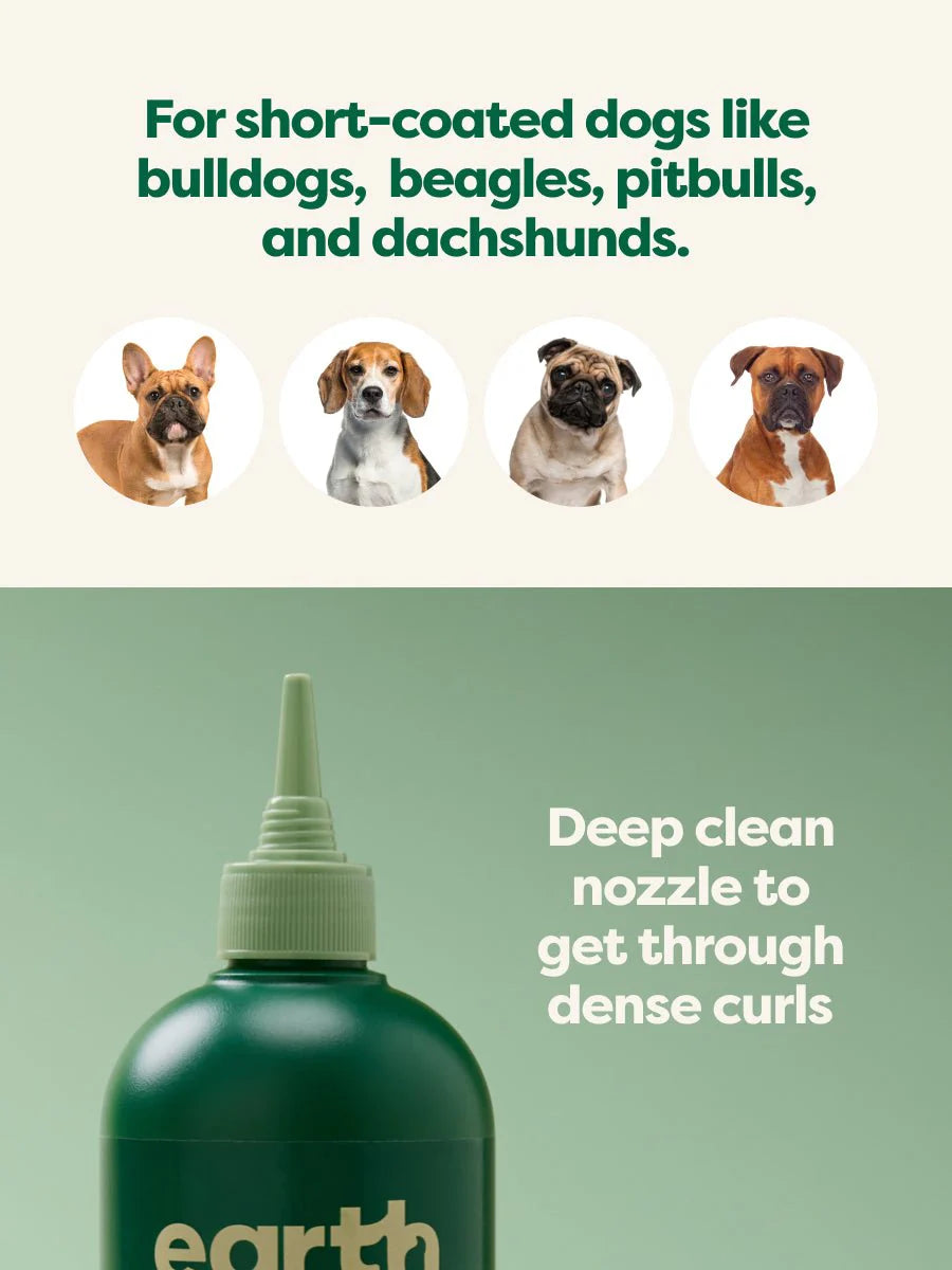 An image featuring Earth Rated Short Coat 3-in-1 Dog Shampoo alongside pictures or illustrations of short-coated dog breeds recommended for this shampoo.