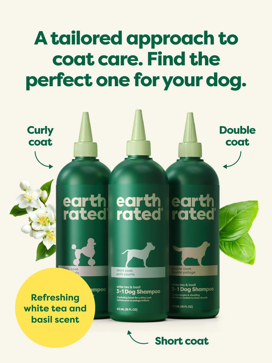An image displaying the three options of 3-in-1 shampoos offered by Earth Rated, including the Short Coat variant, Curly Coat & Double Coat.