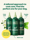 An image displaying the three options of 3-in-1 shampoos offered by Earth Rated, including the Short Coat variant, Curly Coat & Double Coat.