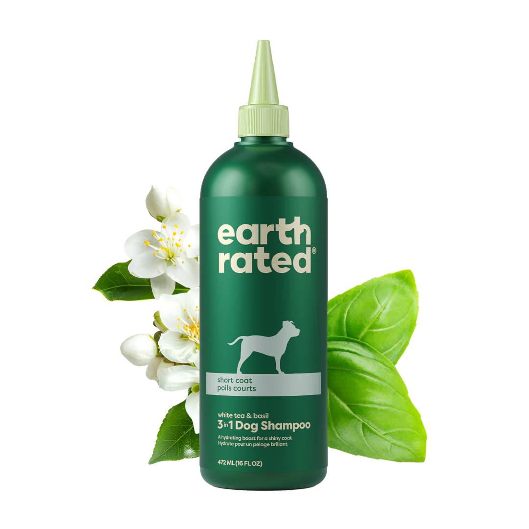 An image of Earth Rated Short Coat 3-in-1 Dog Shampoo, showcasing the product bottle and its attractive packaging.