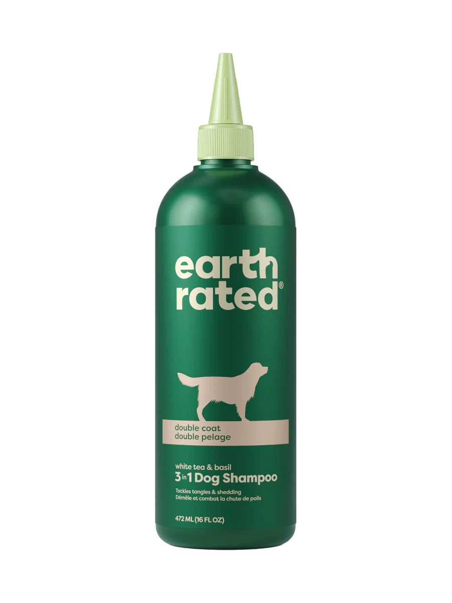 Front view of Earth Rated Double Coat 3-in-1 Shampoo highlighting its triple-action formula.