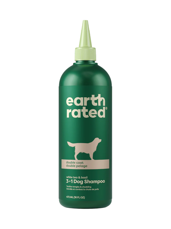Front view of Earth Rated Double Coat 3-in-1 Shampoo highlighting its triple-action formula.