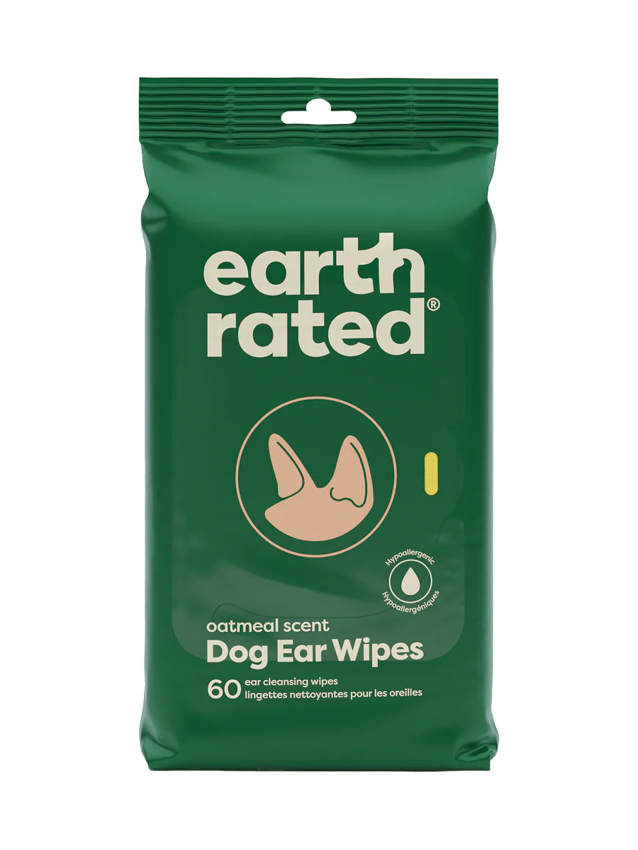 Front view of Earth Rated Dog Ear Wipes, highlighting their soothing aloe formula.