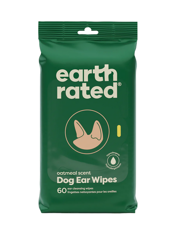 Front view of Earth Rated Dog Ear Wipes, highlighting their soothing aloe formula.