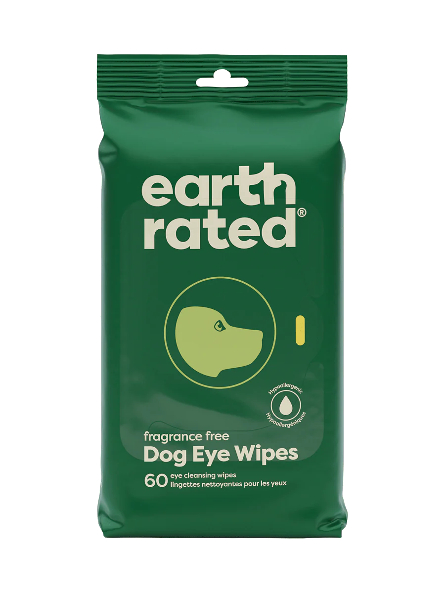 Front view of Earth Rated Dog Eye Wipes, showcasing the hypoallergenic chamomile formula.