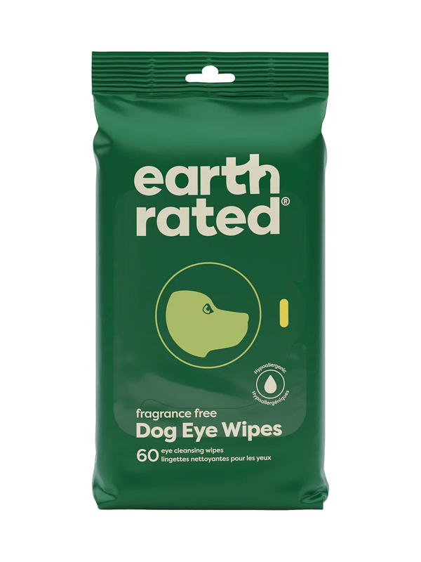 Front view of Earth Rated Dog Eye Wipes, showcasing the hypoallergenic chamomile formula.