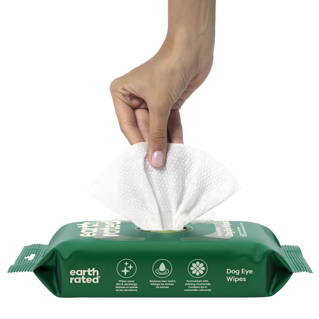 Earth Rated Dog Eye Wipes close up showing packaging and how the wipes comes out of the package.