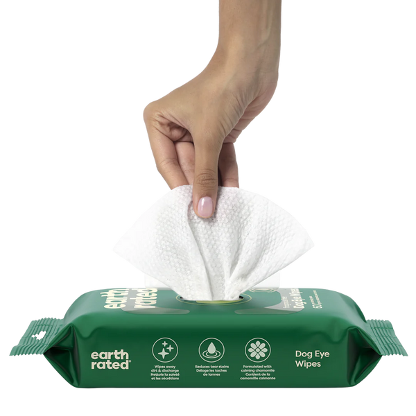 Earth Rated Dog Eye Wipes close up showing packaging and how the wipes comes out of the package.