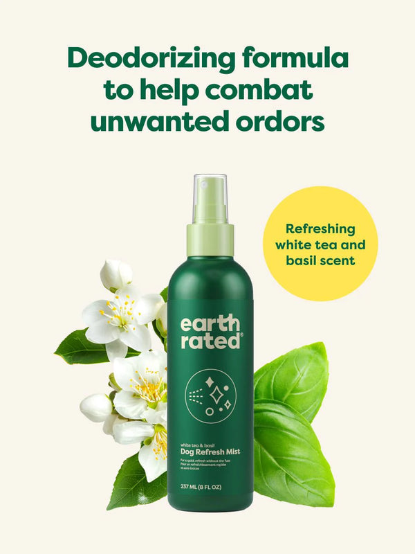 Deodorizing formula of Earth Rated Dog Refresh Mist with a white tea & basil scent that eliminates unwanted dog odours.