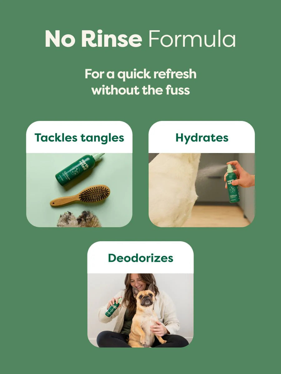 Earth Rated Dog Refresh Mist’s no-rinse formula hydrates, deodorizes, and detangles dog coats, perfect for quick refreshes.
