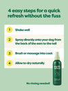 Infographic showing four easy steps to deodorize your dog with Earth Rated Dog Refresh Mist, no bath required.