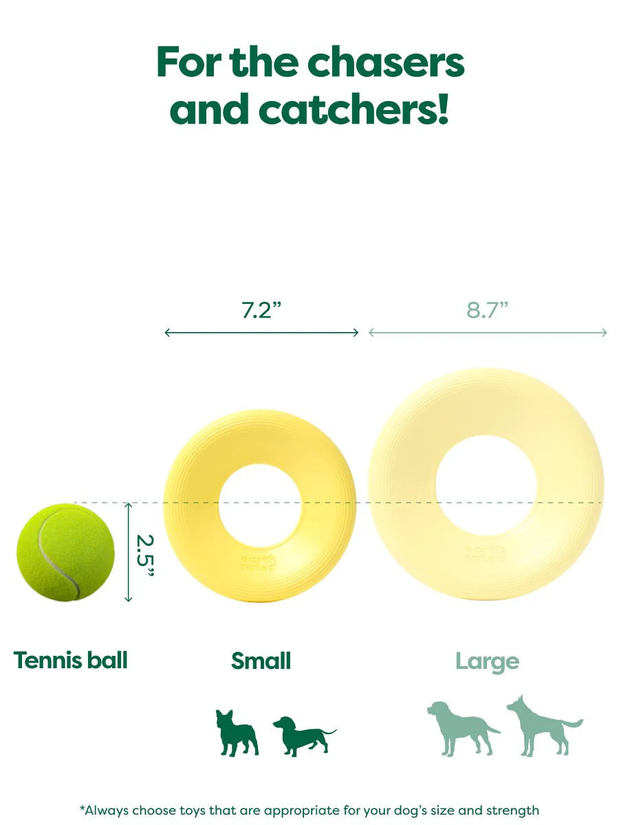 Earth Rated Flyer Dog toy is for the dogs who love to chase and catch. Image of the sizing chart to show which size is appropriate for small dogs and large dogs.