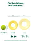 Earth Rated Flyer Dog toy is for the dogs who love to chase and catch. Image of the sizing chart to show which size is appropriate for small dogs and large dogs.