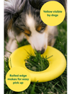 Earth Rated Flyer Dog Toy is yellow as yellow is the colour visible by dogs. It's rolled edge makes it easy for dogs to pick up. Image of a collie picking up the toy.