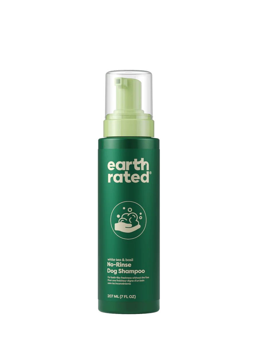 Earth Rated No-Rinse Dog Shampoo bottle with white tea and basil scent, designed to freshen up your dog’s coat without the need for water.