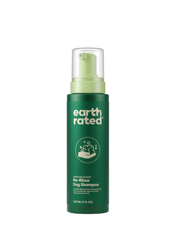 Earth Rated No-Rinse Dog Shampoo bottle with white tea and basil scent, designed to freshen up your dog’s coat without the need for water.