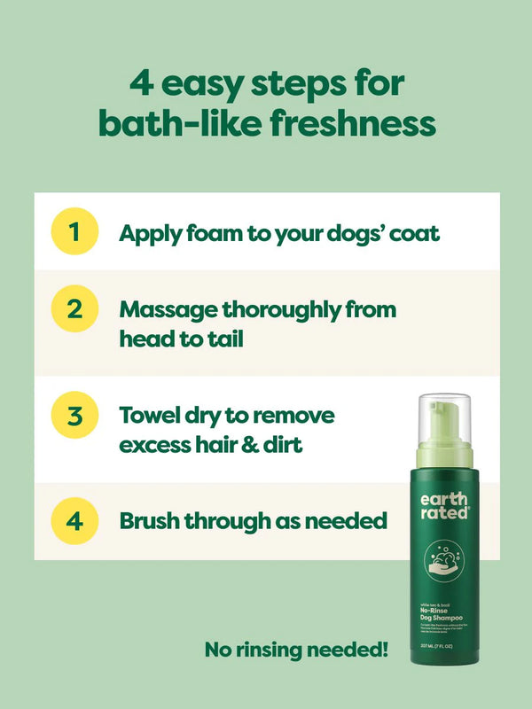 Instructions showing how to use Earth Rated No-Rinse Dog Shampoo: pump the foam, apply directly to the dog's coat, and brush through for instant freshness.
