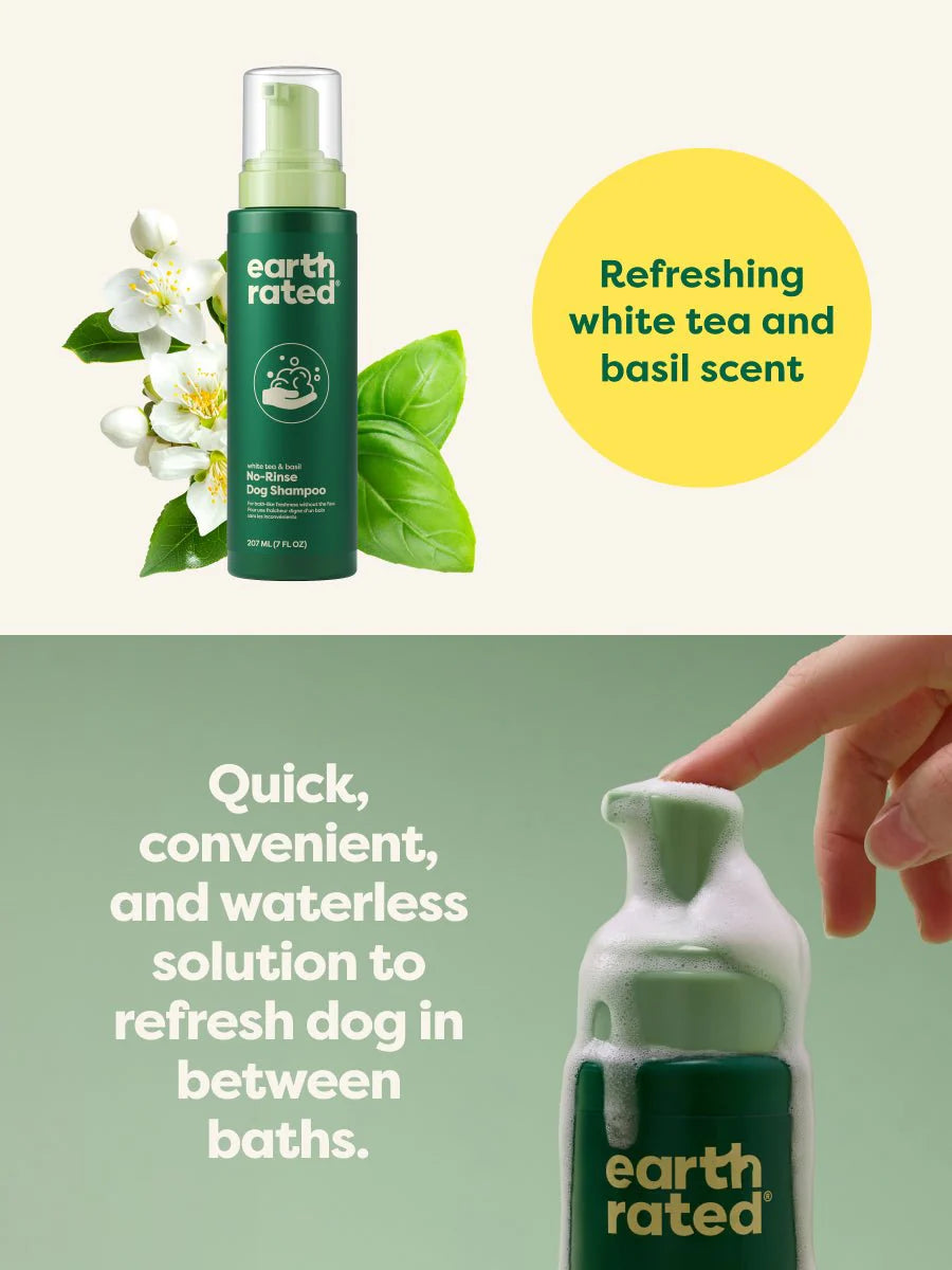 Earth Rated No-Rinse Dog Shampoo highlighting its white tea & basil scent and gentle, hydrating formula, free from harsh chemicals.