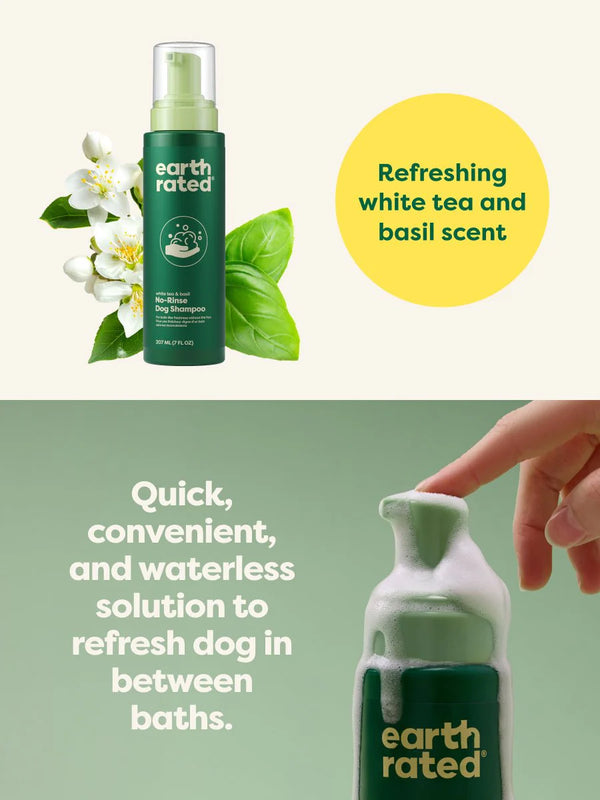 Earth Rated No-Rinse Dog Shampoo highlighting its white tea & basil scent and gentle, hydrating formula, free from harsh chemicals.