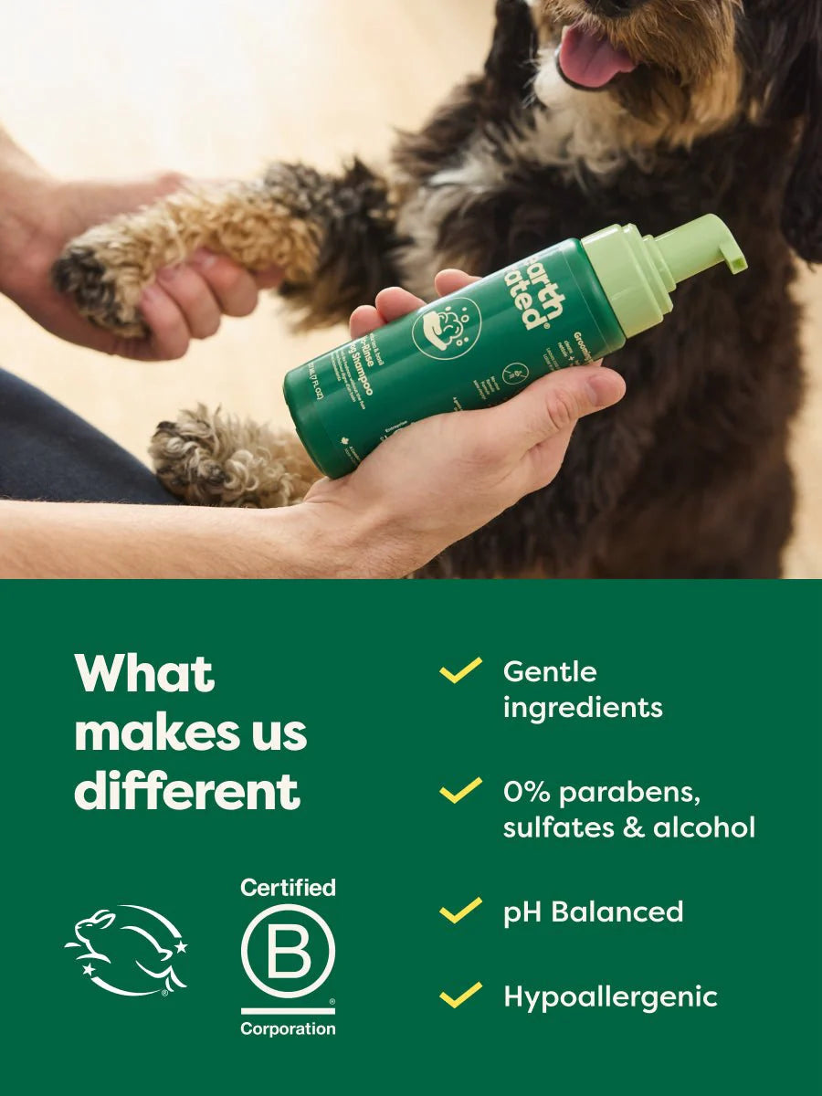 Earth Rated No rinse shampoo showing the difference that they only use gentle ingredients, 0% parabens, sulfates & alcohol, it's pH balanced & hypoallergenic.  Earth Rated is a certified B corporation.