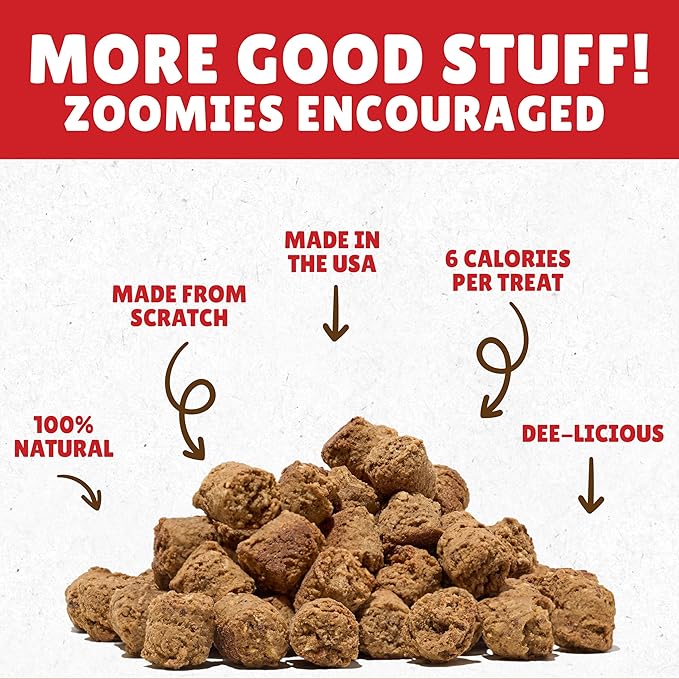 Etta Says Poppers, showing savoury treats up close showing it's 100% natural, made from scratch, made in the USA, only 6 calories per treats and they taste great!