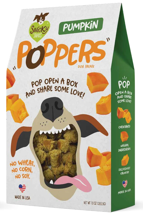 Front view of Etta Says Pumpkin Poppers, highlighting pumpkin-flavoured dog treats made with real ingredients.
