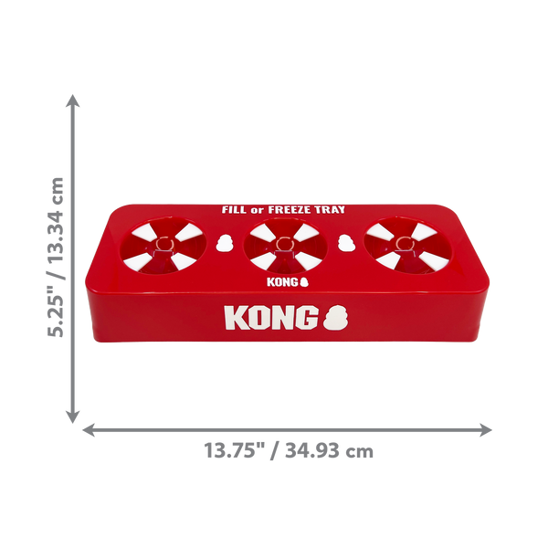 "KONG Day Fill and Freeze Tray with size dimensions highlighted for compatibility with various KONG toys."